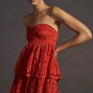 Anthropologie Strapless Red Lace Dress